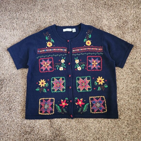 Vintage Grandma Beaded Embroidery Shirt Victoria Jones Christmas Sweater - Picture 1 of 6